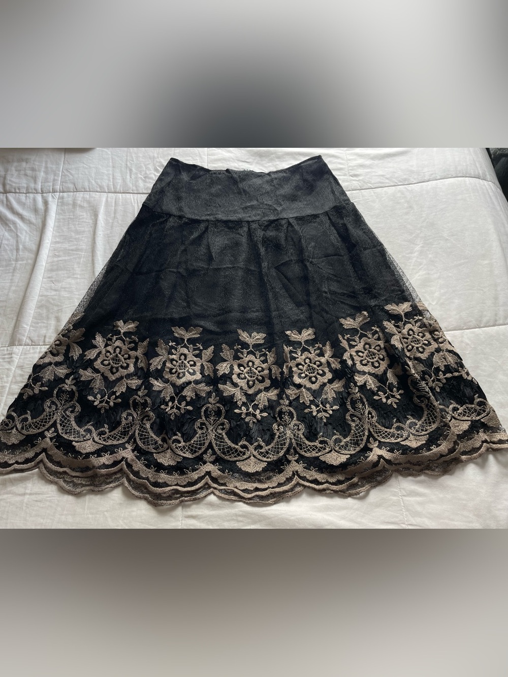 Black Mesh Overlay Cream Floral Embroidered Skirt 4 Whimsigoth Dark Romantic